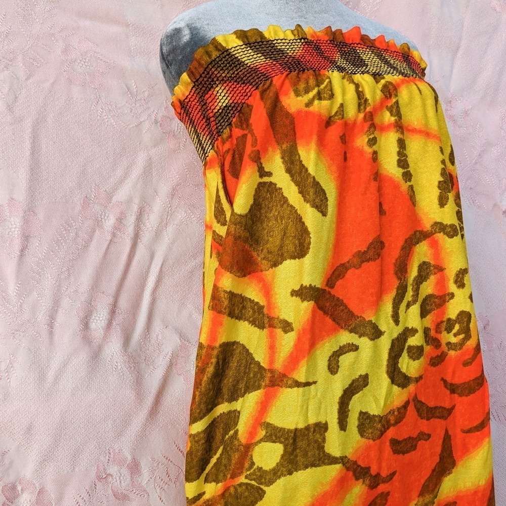 Vintage 70s Hawaiian Strapless Maxi Dress M ILGWU Neon Abstract Tiki Resort - Picture 6 of 15